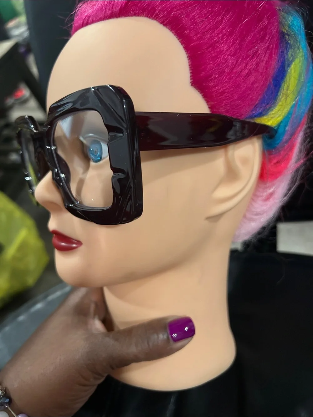 Oversized Square Frame Fashion Glasses - deep purple clear lens ready to wear.
